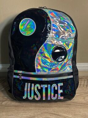 Justice Girls 17" Laptop Backpack with Pom Key Chain, Black Yin Yang